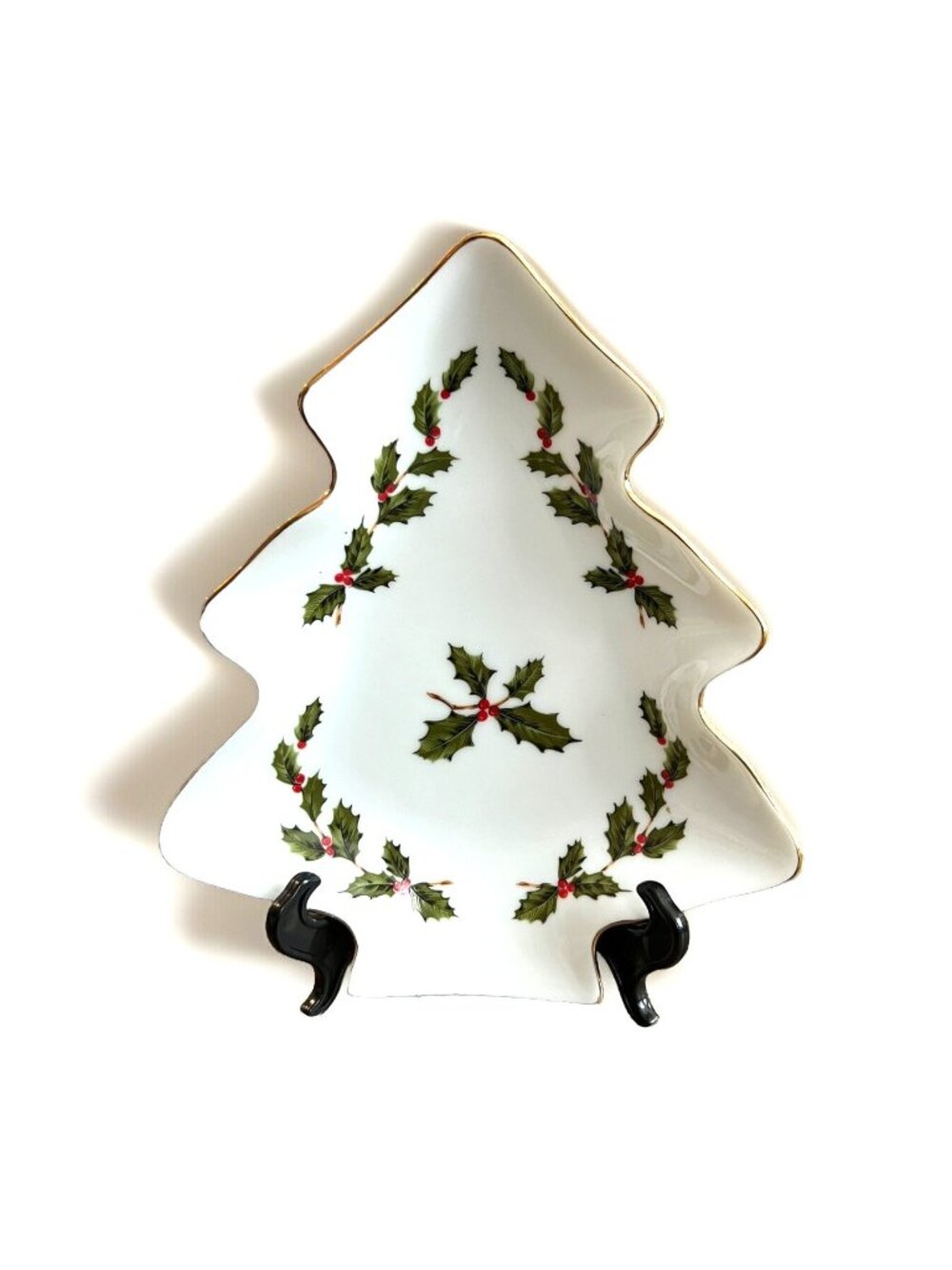 Vintage 1985 Lefton Christmas Tree Dish Porcelain Holly Berries Gold Trim 05246